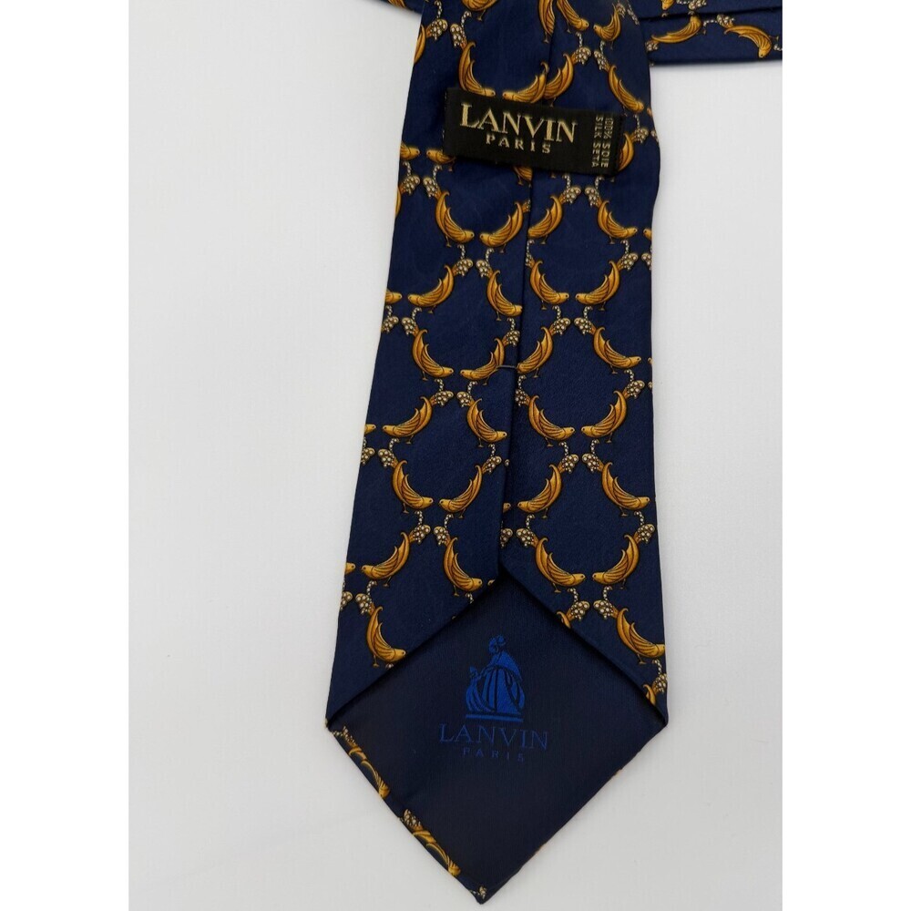 Vintage Lanvin Paris 100% Silk Blue Gold Bird Banana Print Men’s Tie Luxury - Picture 2 of 6